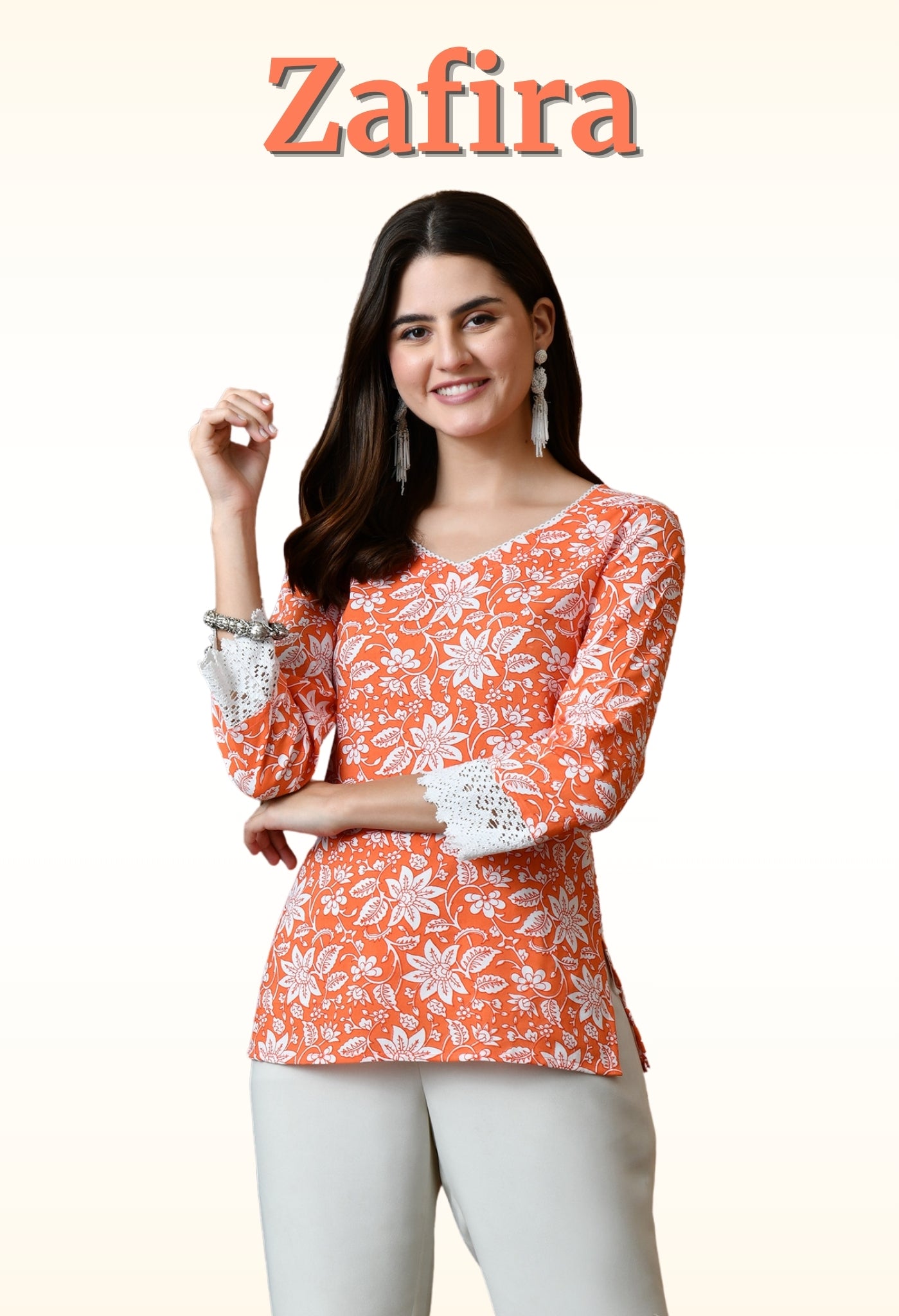 Zafira – Orange Floral Cotton Short Kurti