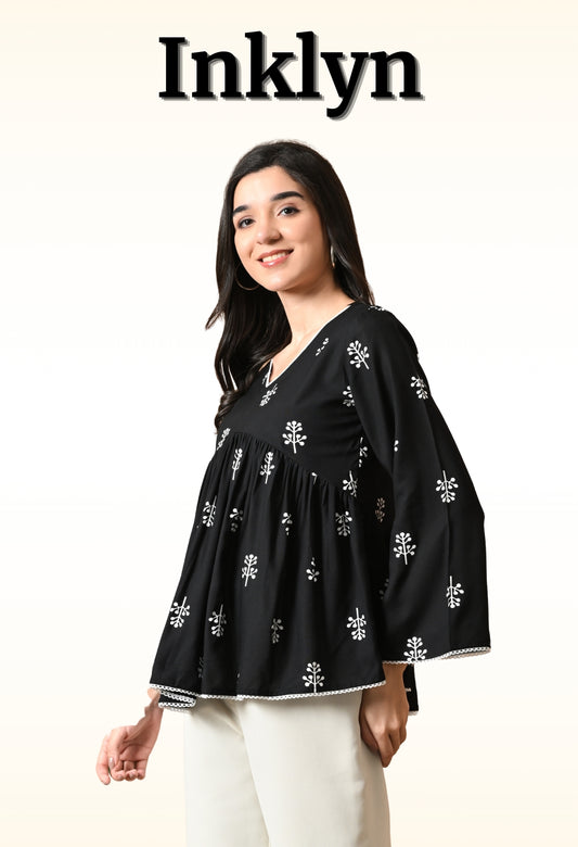 Inklyn – Inky Black Cotton Peplum Top