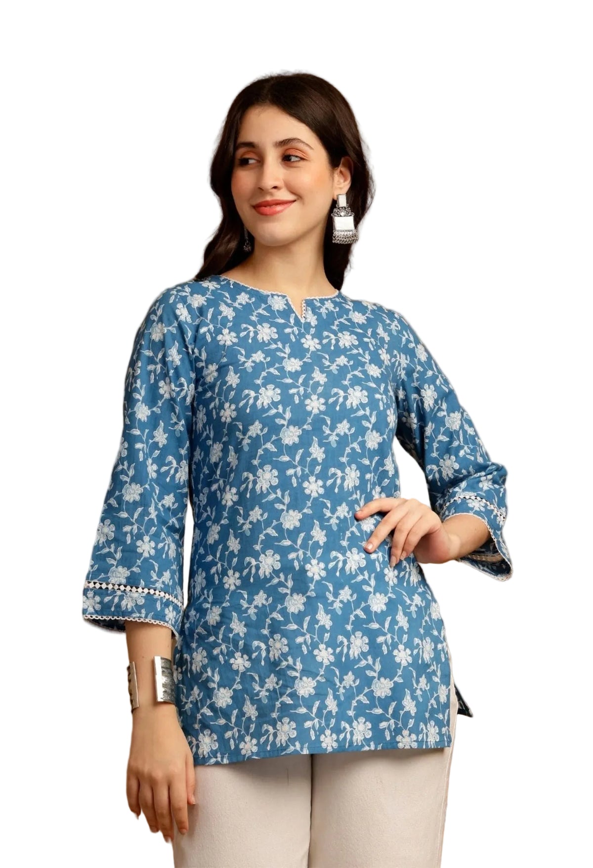 Floral Printed Cotton Kurti (Sky Blue)