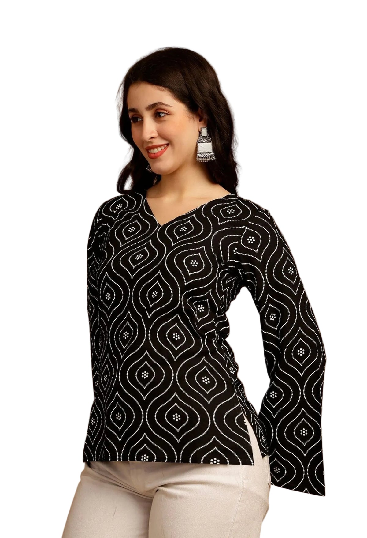 Printed Bell Sleeves Cotton Kurti (Black)