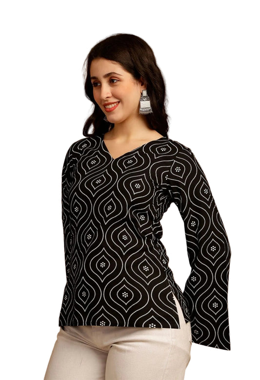 Printed Bell Sleeves Cotton Kurti (Black)