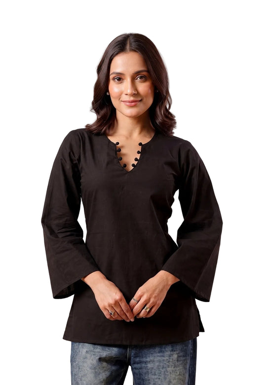 Solid Corset Back Cotton Kurti (Black)
