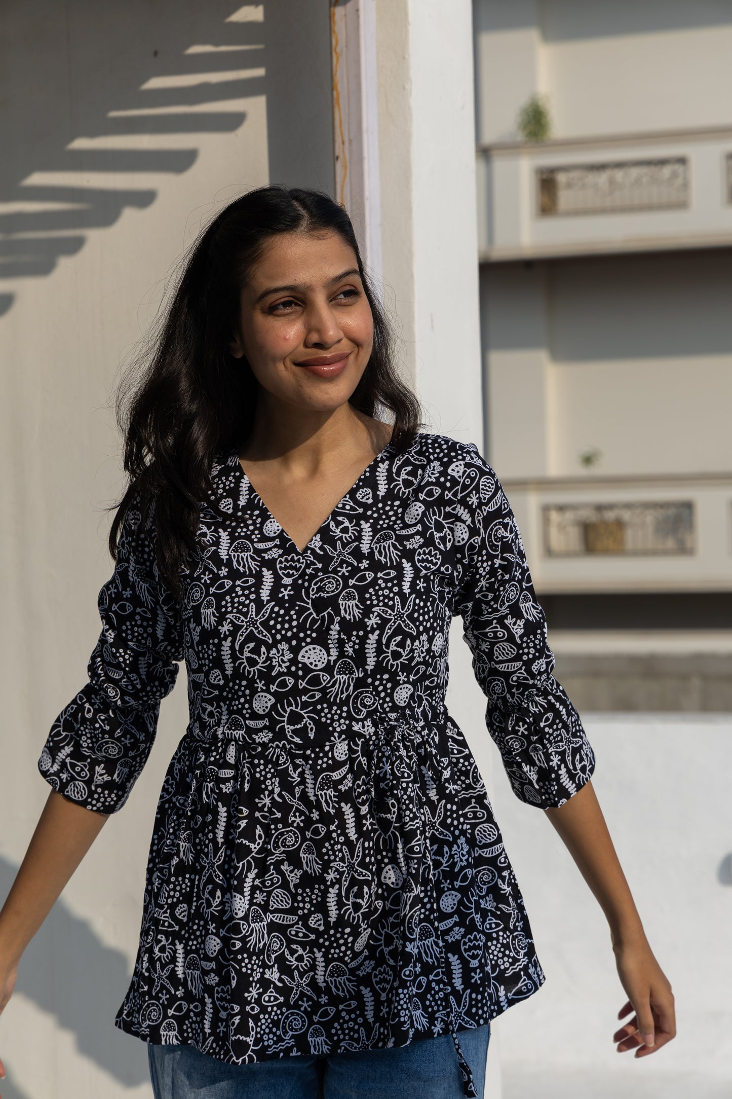 Midnight Bloom Angrakha Top (Black)
