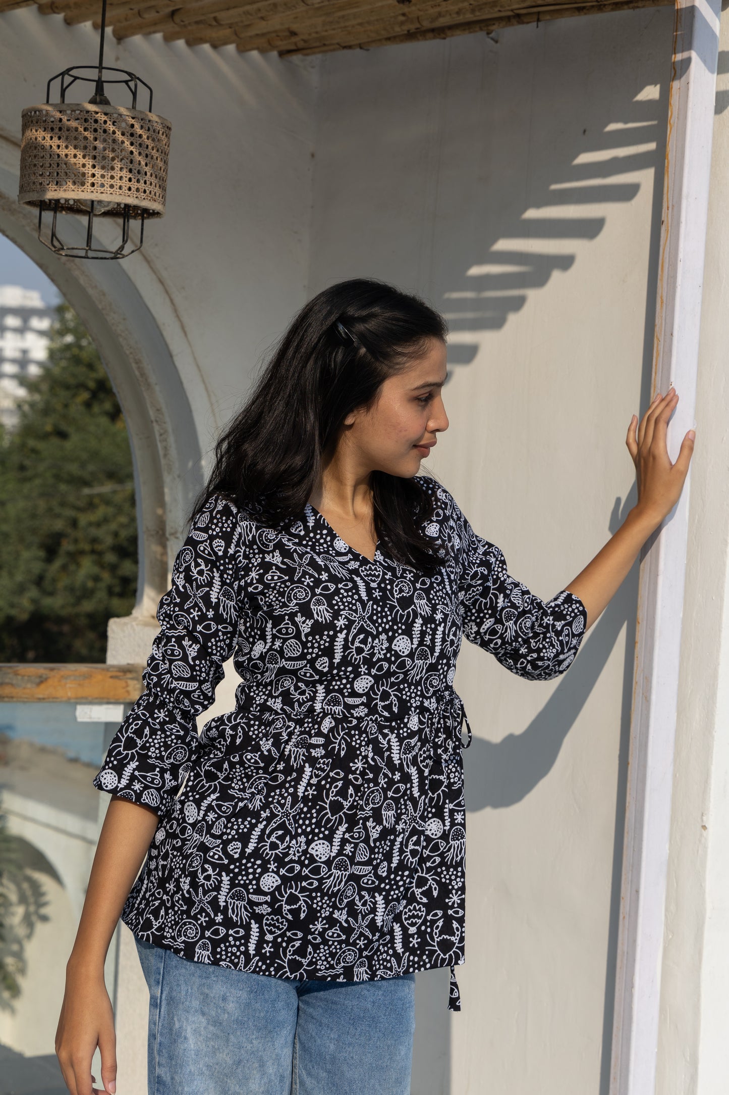 Midnight Bloom Angrakha Top (Black)