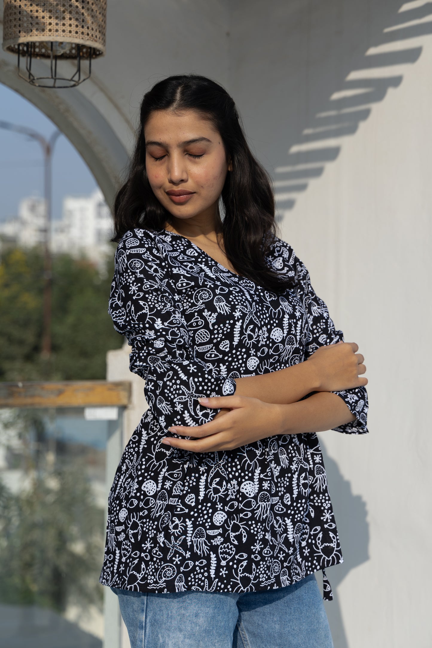 Midnight Bloom Angrakha Top (Black)