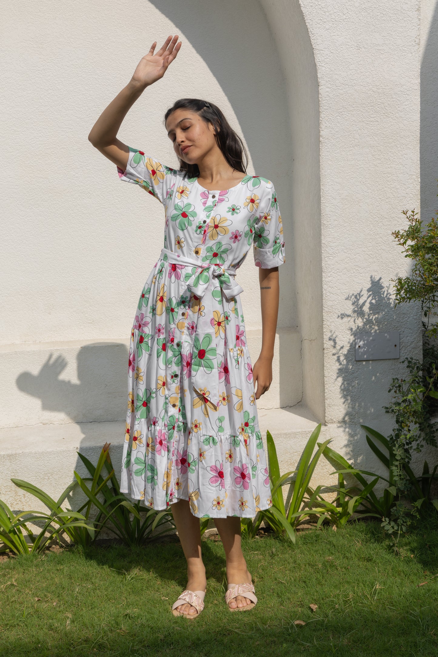 Morning Blossom Button-Down Dress (White)
