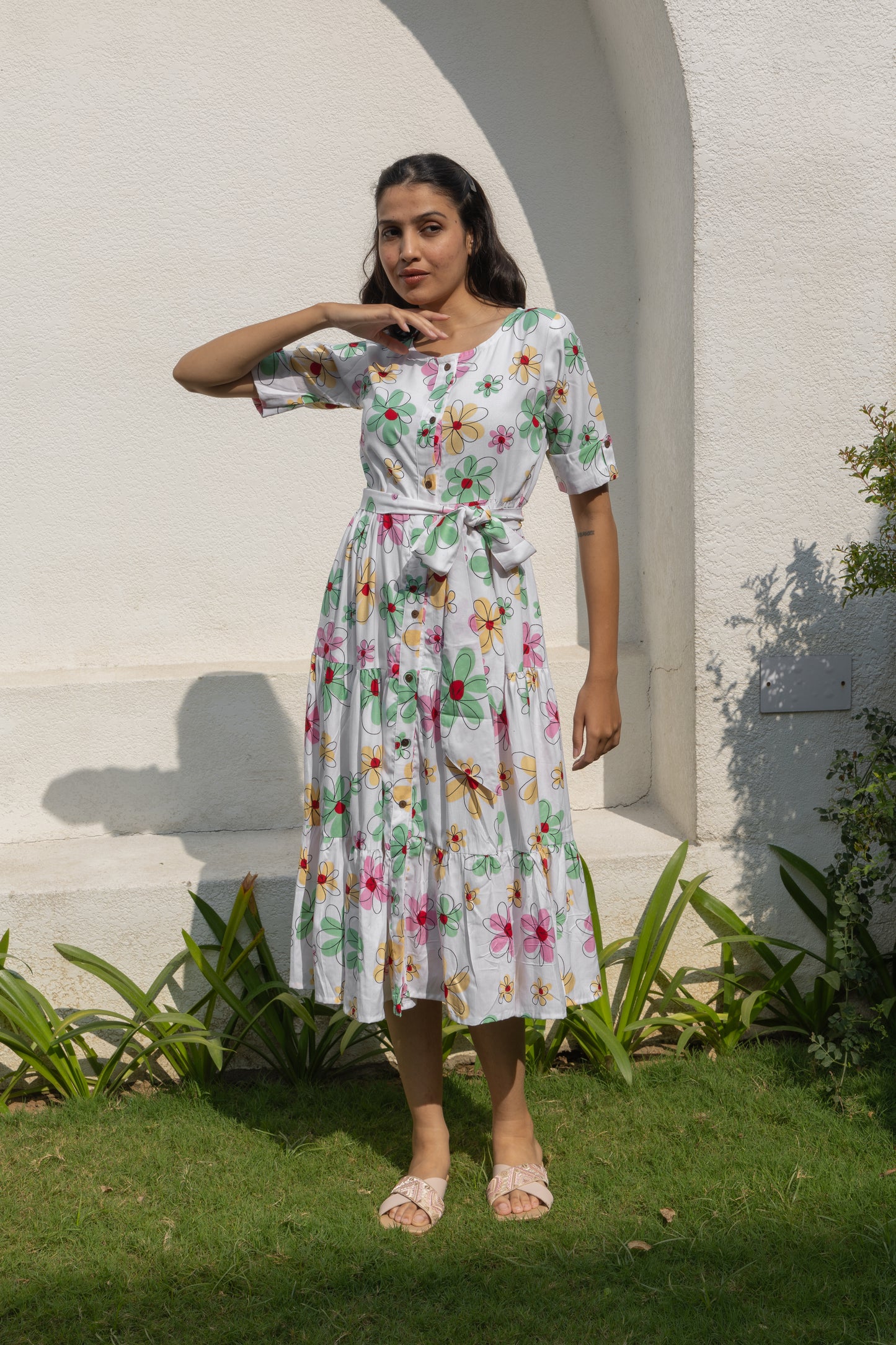 Morning Blossom Button-Down Dress (White)