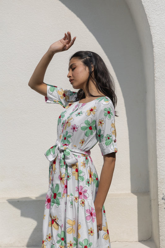 Morning Blossom Button-Down Dress (White)