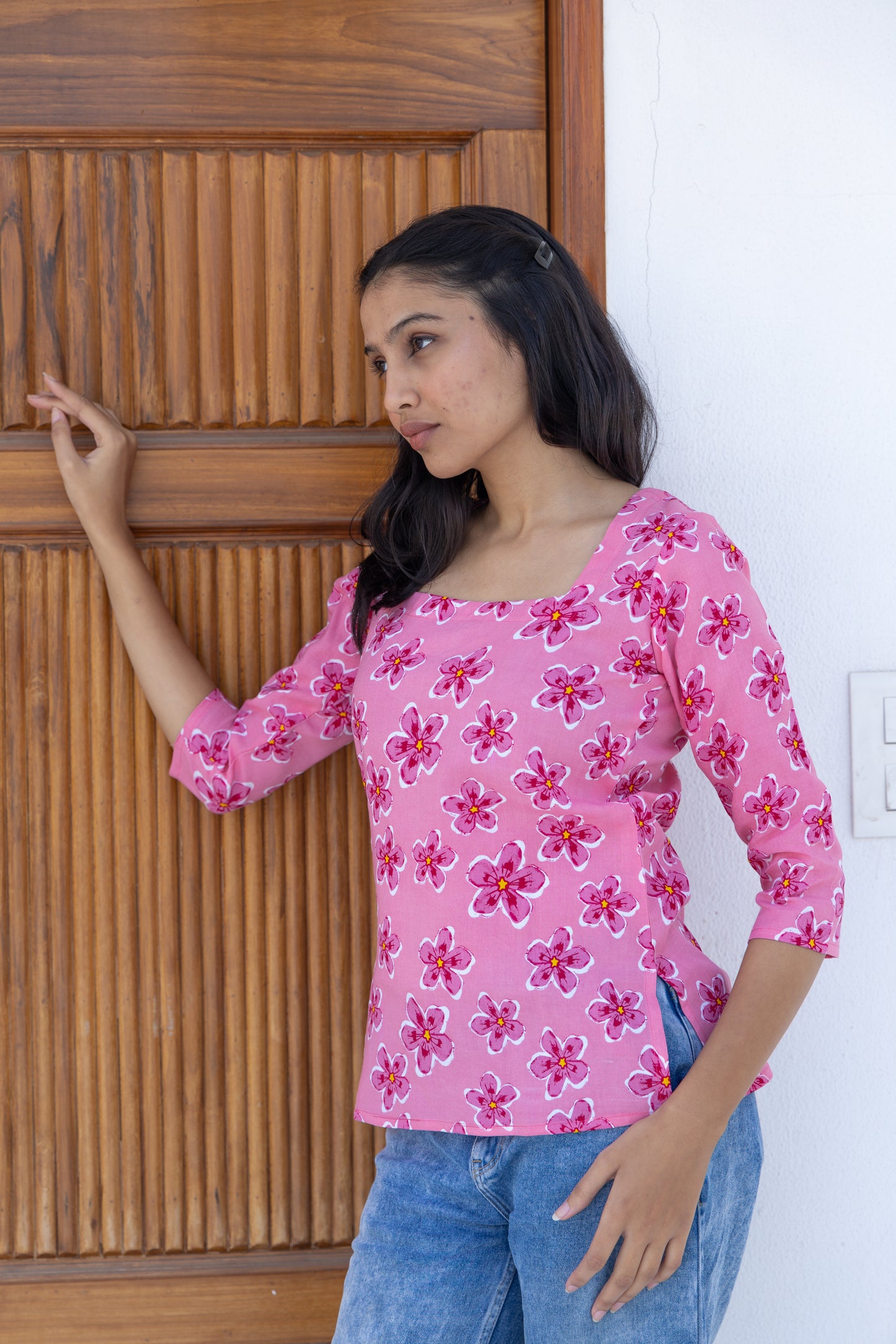 Pink Floral Back Design Cotton Top
