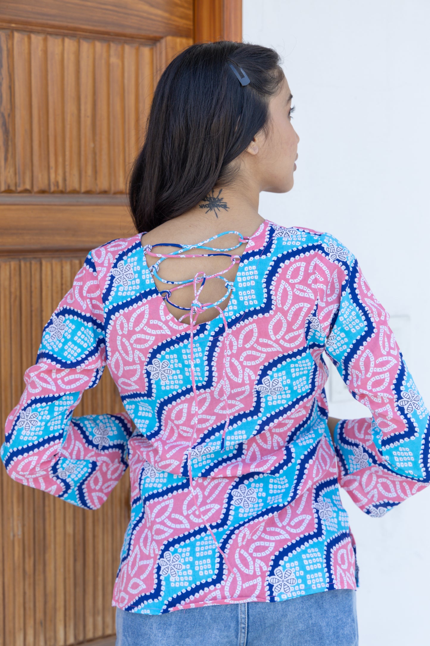 Pink Waves Lehriya Back Design Cotton Top