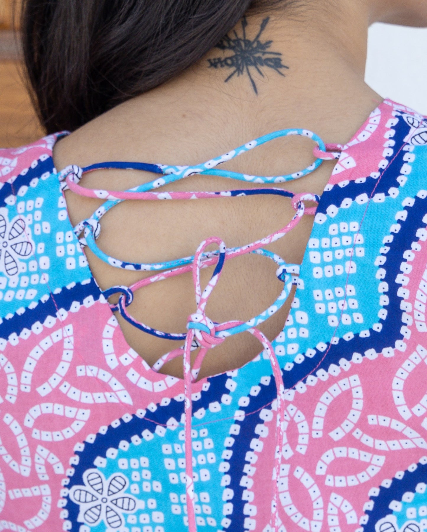 Pink Waves Lehriya Back Design Cotton Top