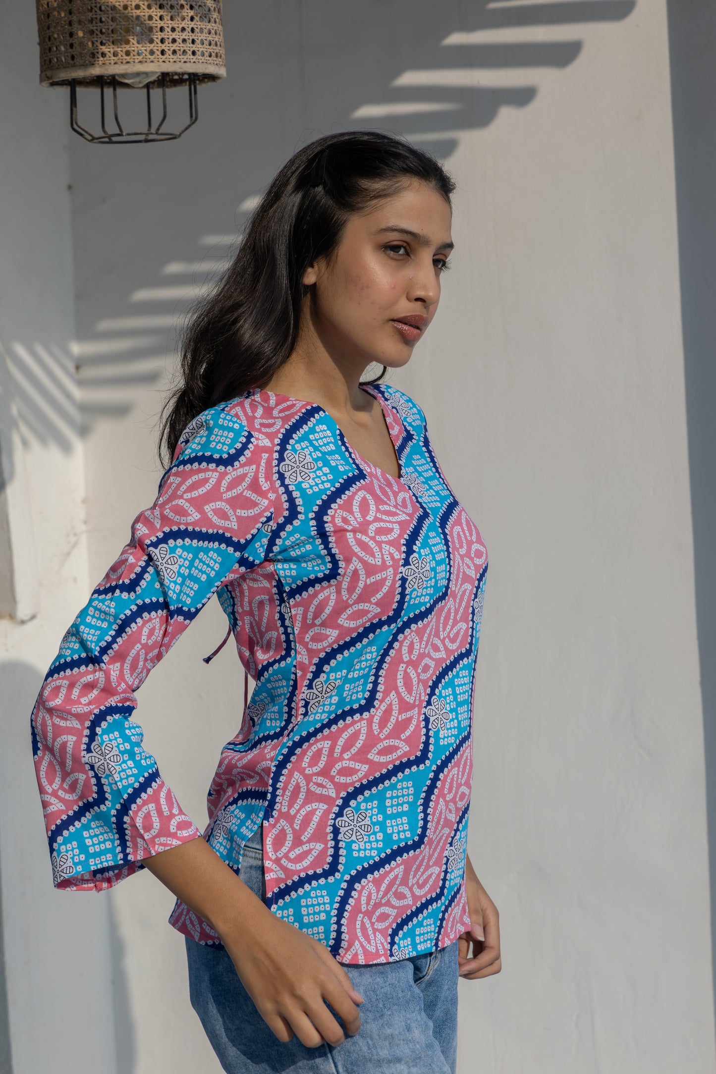 Pink Waves Lehriya Back Design Cotton Top