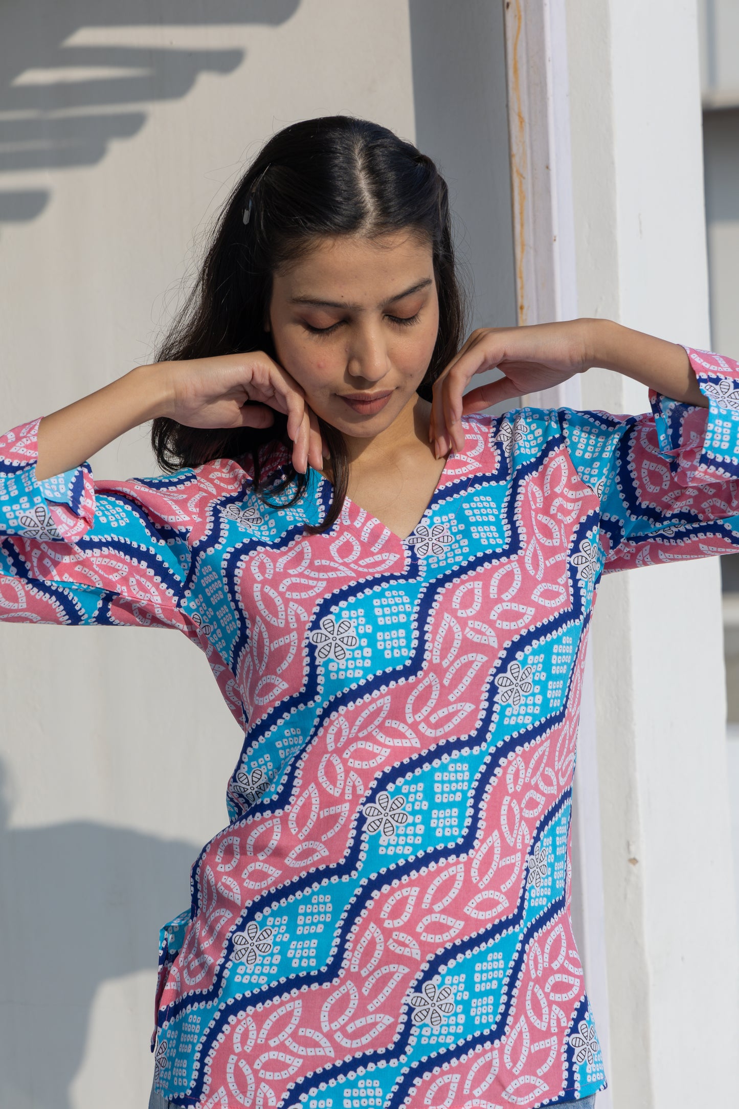 Pink Waves Lehriya Back Design Cotton Top