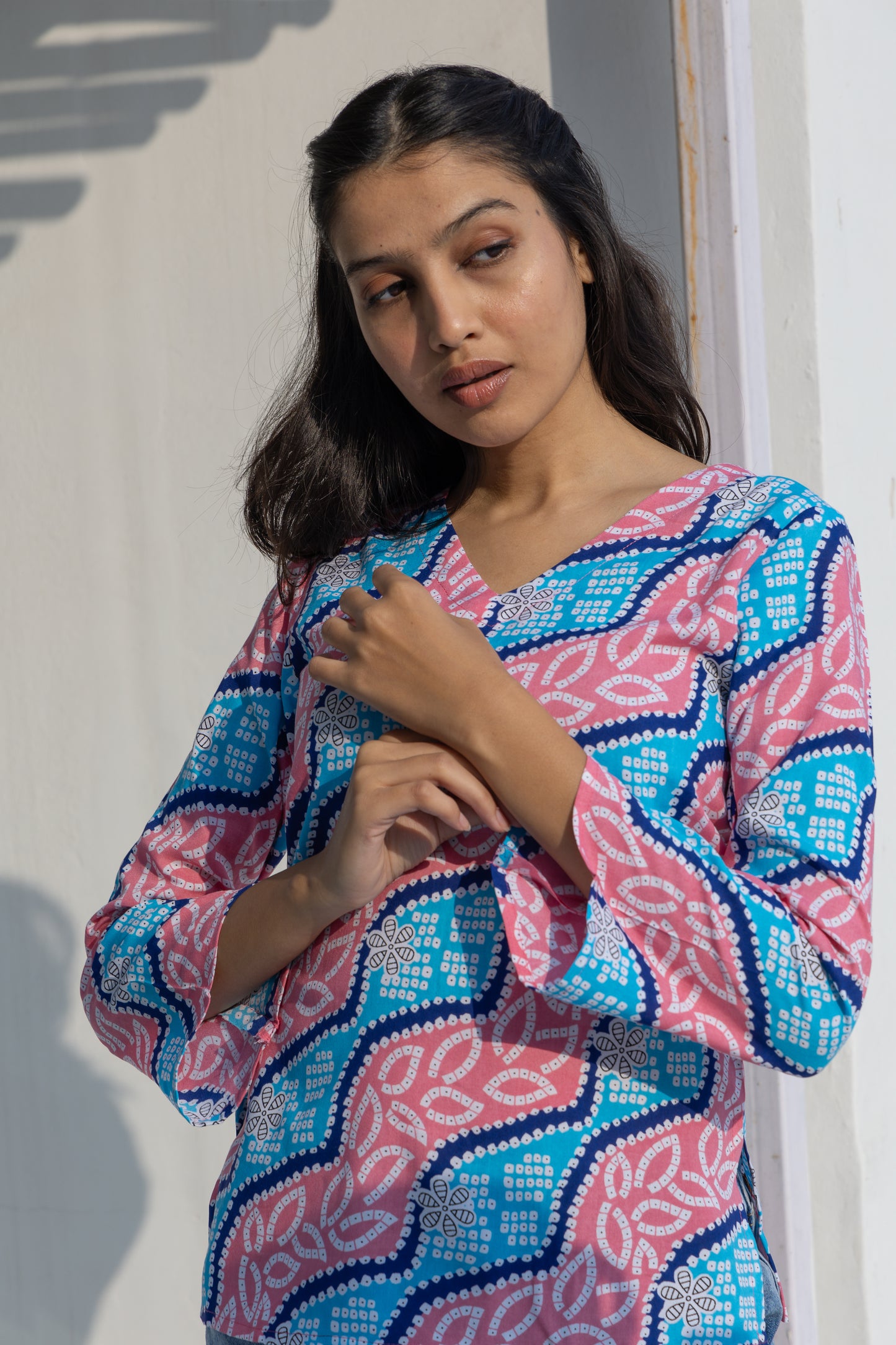 Pink Waves Lehriya Back Design Cotton Top