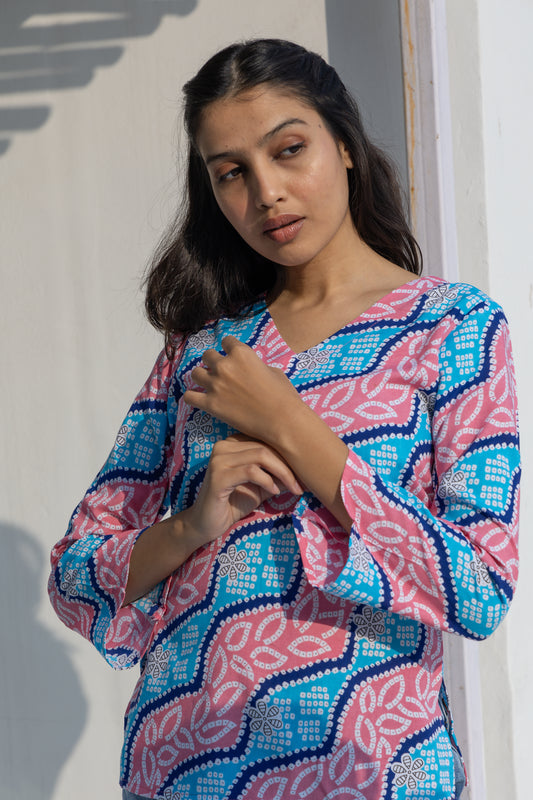 Pink Waves Lehriya Back Design Cotton Top