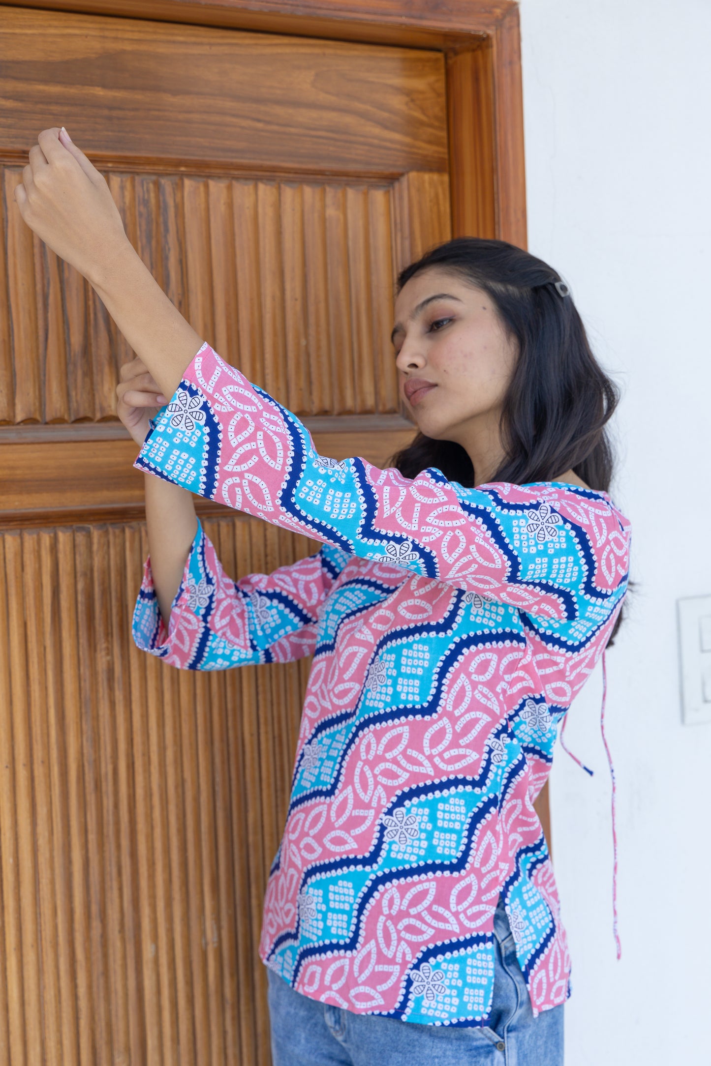 Pink Waves Lehriya Back Design Cotton Top