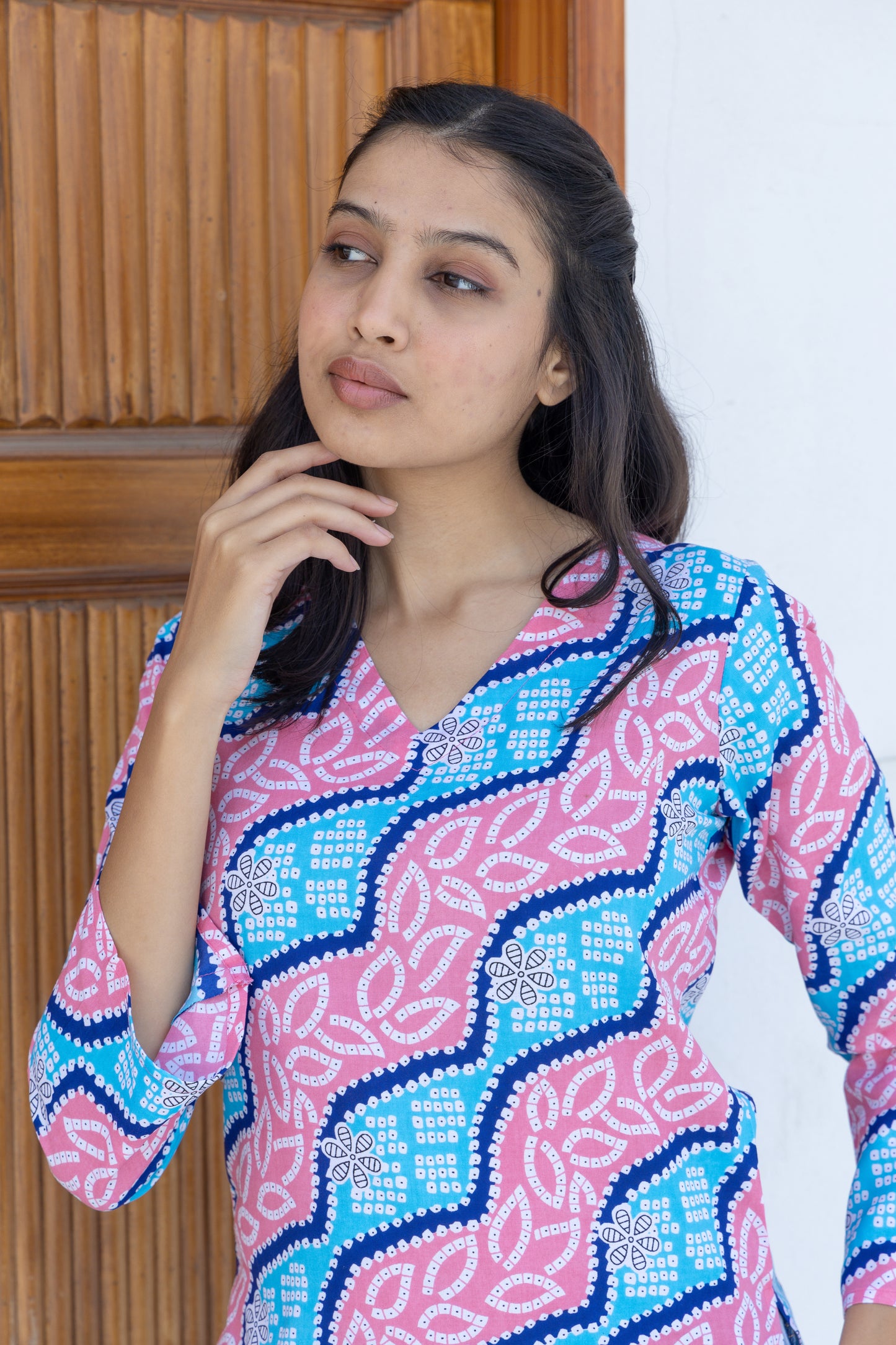Pink Waves Lehriya Back Design Cotton Top
