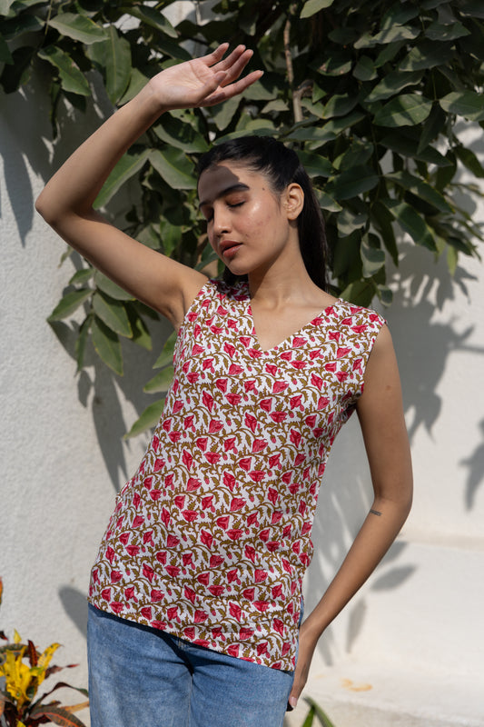 Scarlet Bloom Sleeveless Cotton Top