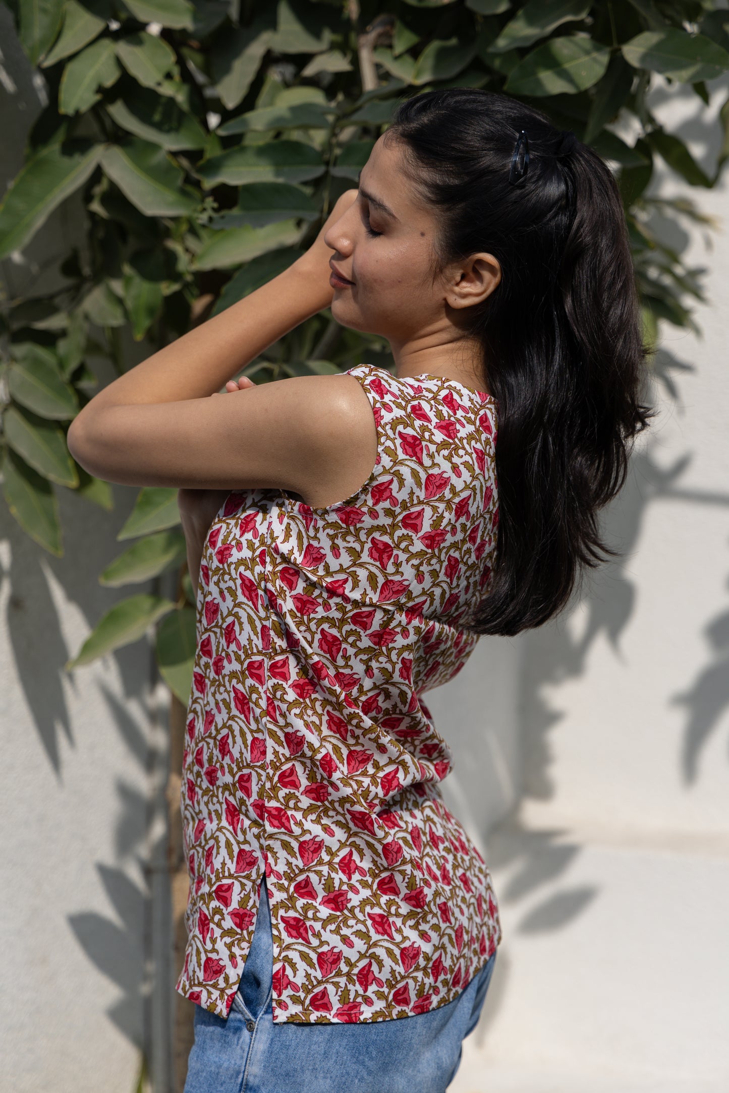 Scarlet Bloom Sleeveless Cotton Top