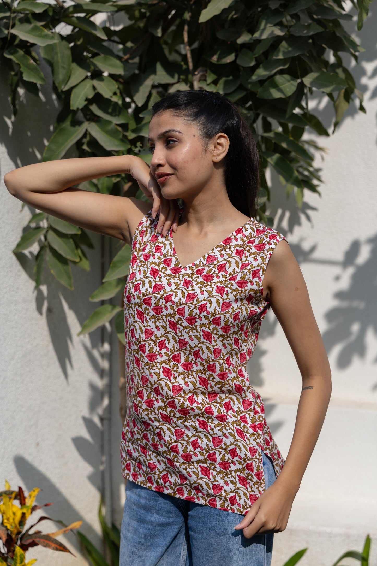 Scarlet Bloom Sleeveless Cotton Top