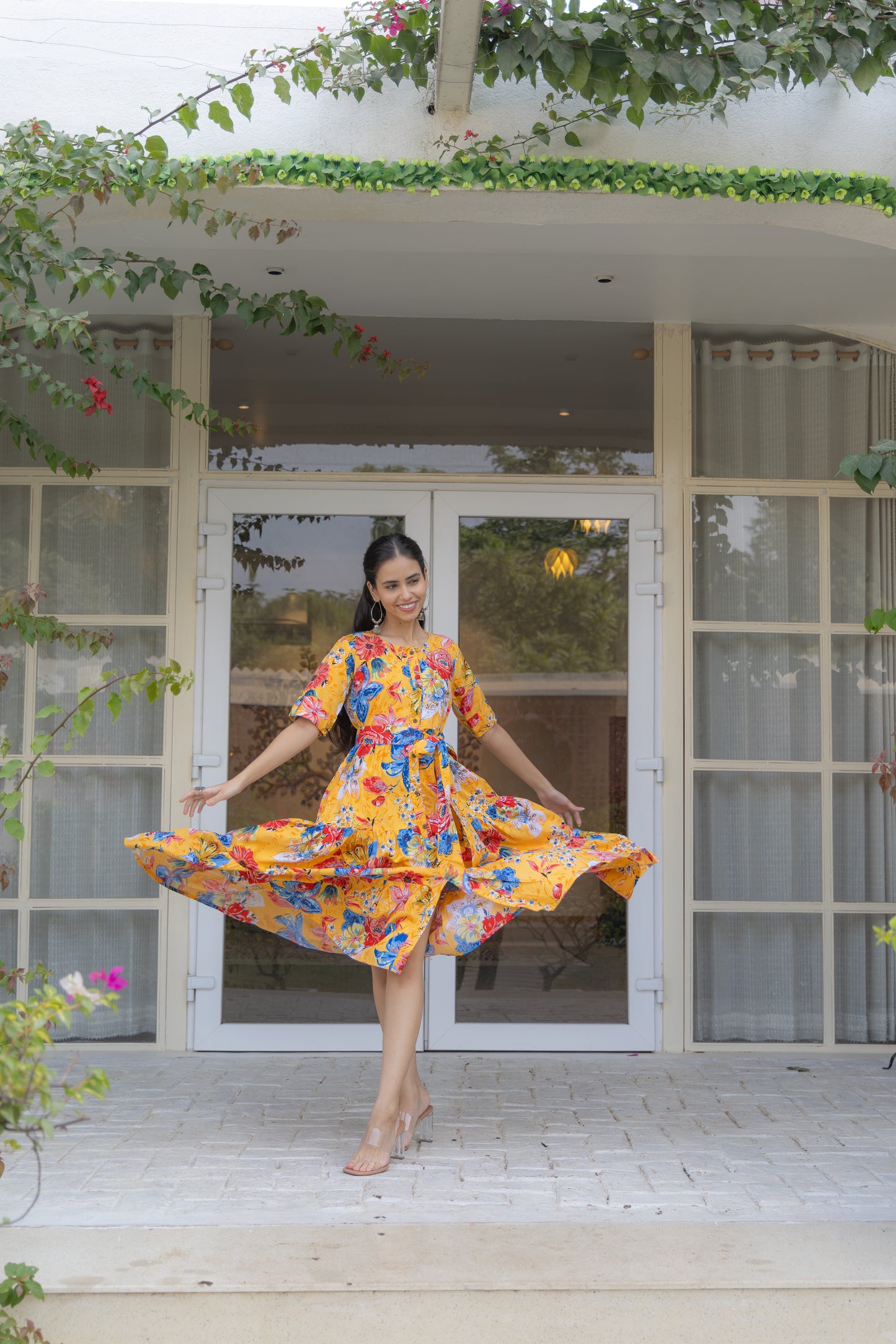 Sunlit Garden Button-Down Dress (Orange)