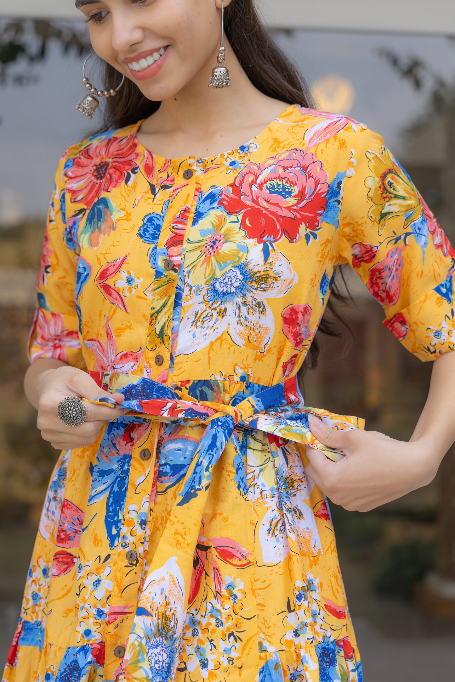 Sunlit Garden Button-Down Dress (Orange)