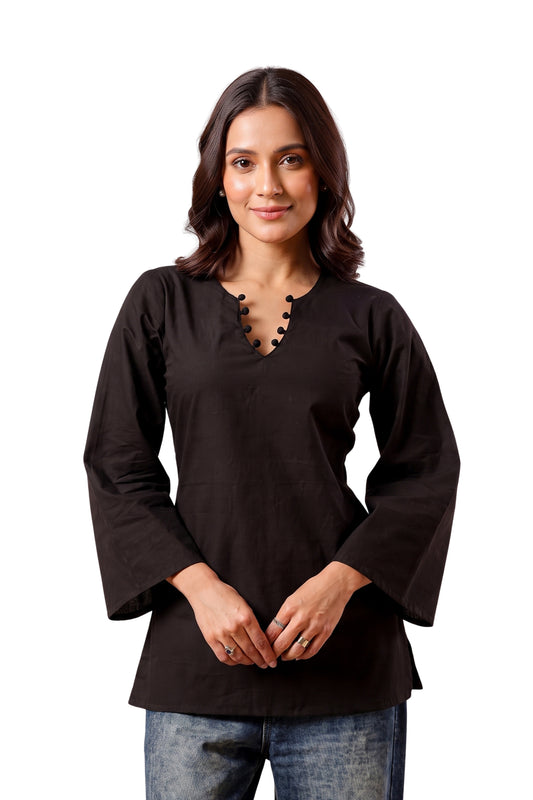 Solid Corset Back Cotton Kurti (Black)