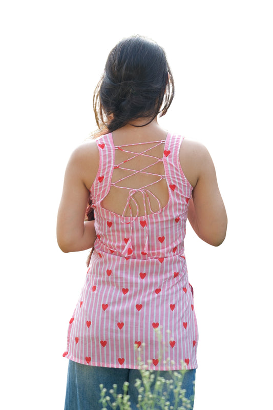 Heart Printed Striped Open Back Sleeveless Kurti (Pink)