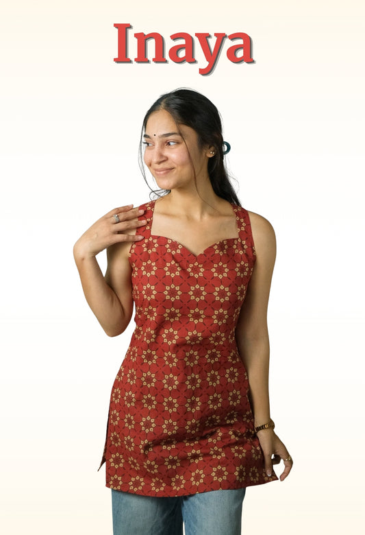 Inaya – Open Back Halter Neck Kurti (Rust Red)
