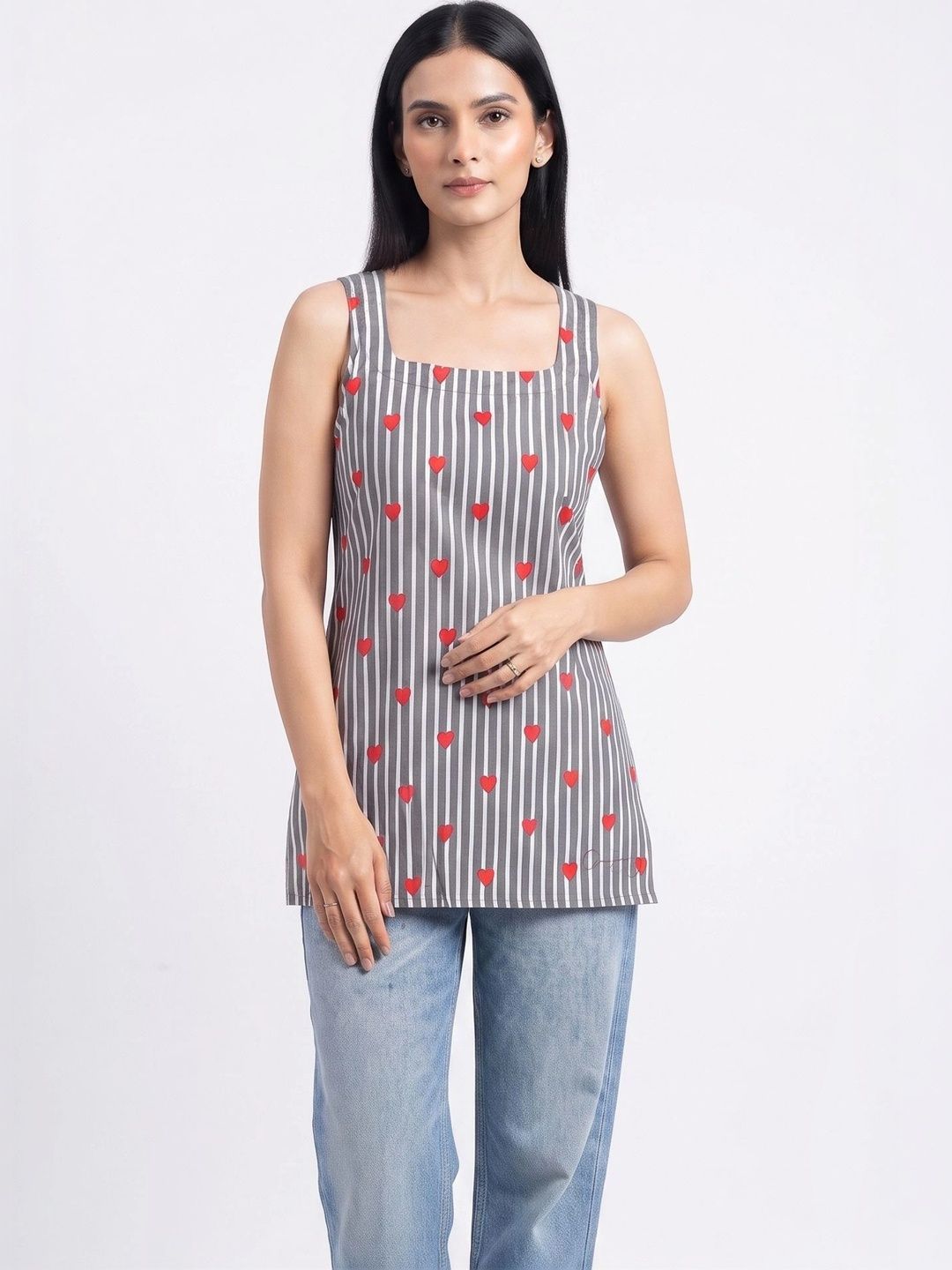 Heart Printed Striped Open Back Sleeveless Kurti (Grey)