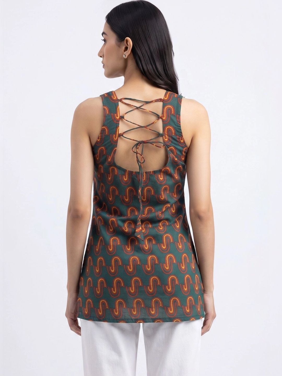 Abstract Printed Open Back Sleeveless Kurti (Bottle Green)