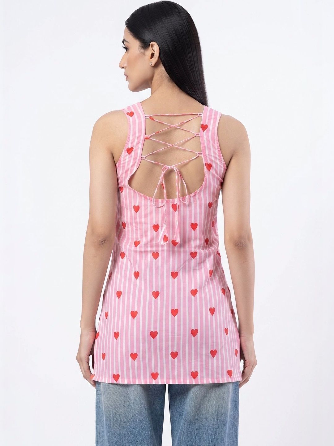 Heart Printed Striped Open Back Sleeveless Kurti (Pink)