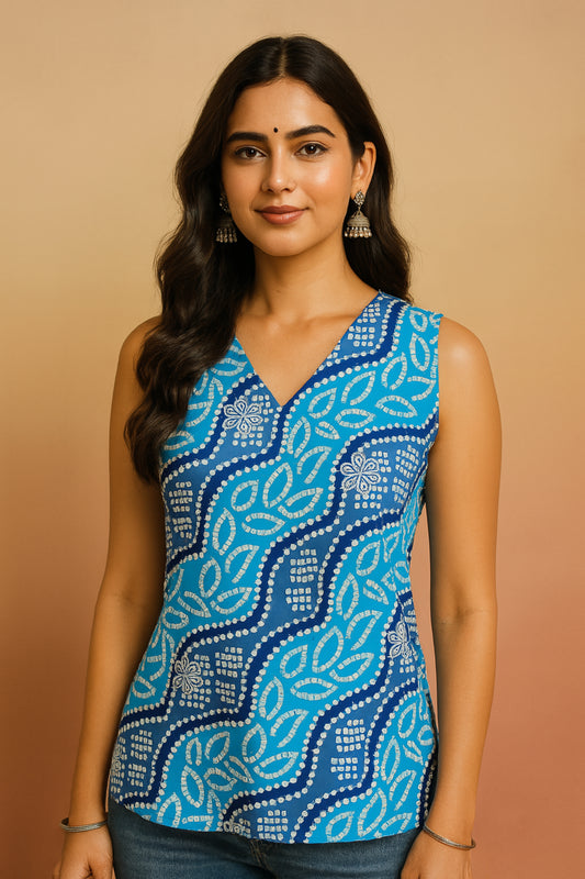 Indira – Blue Bandhej Sleeveless Cotton Top with V Neckline