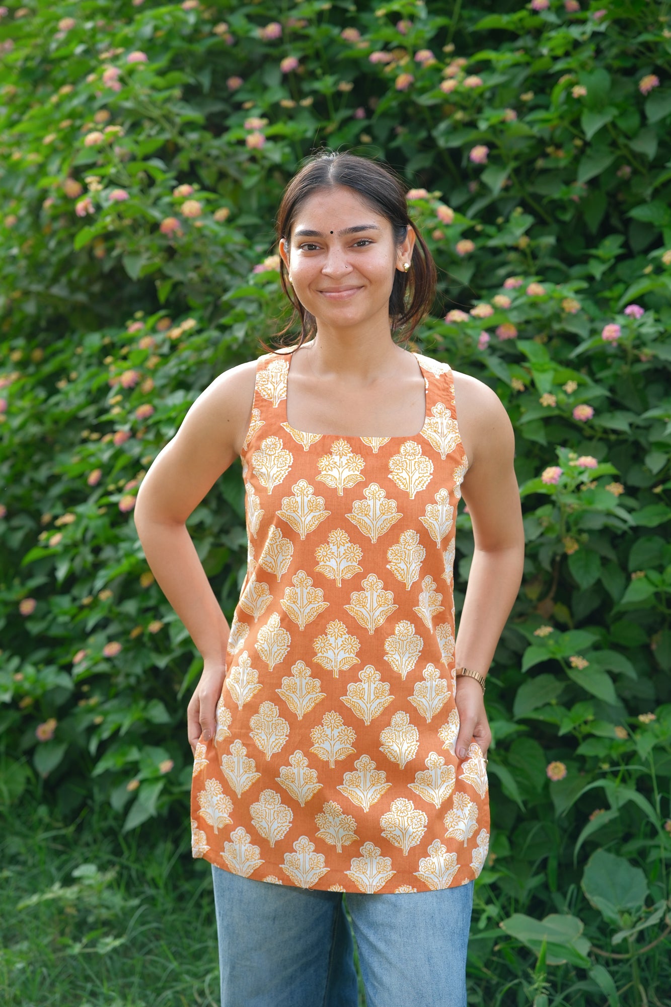 Floral Printed Open Back Sleeveless Kurti (Mustard)