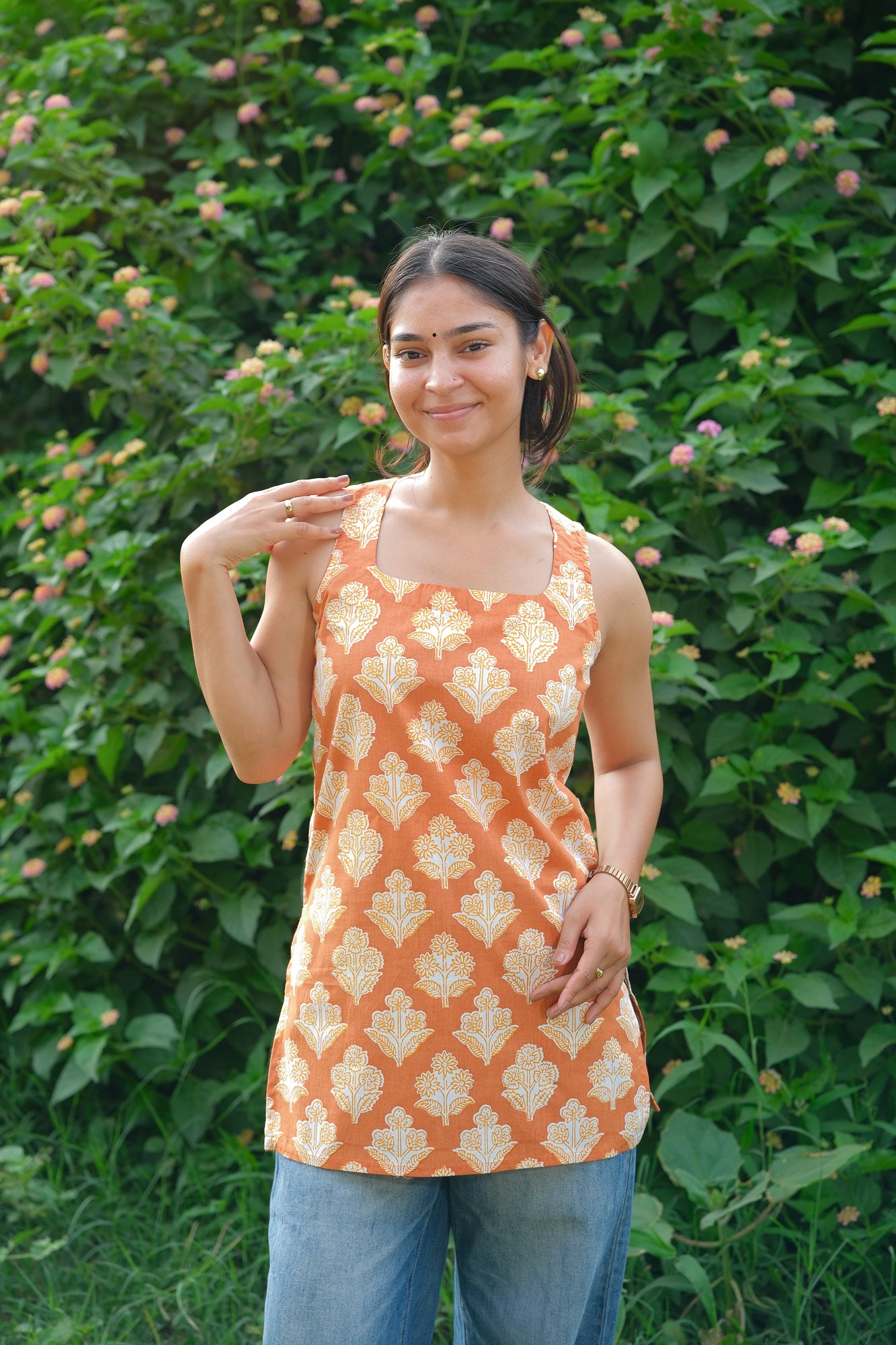 Floral Printed Open Back Sleeveless Kurti (Mustard)