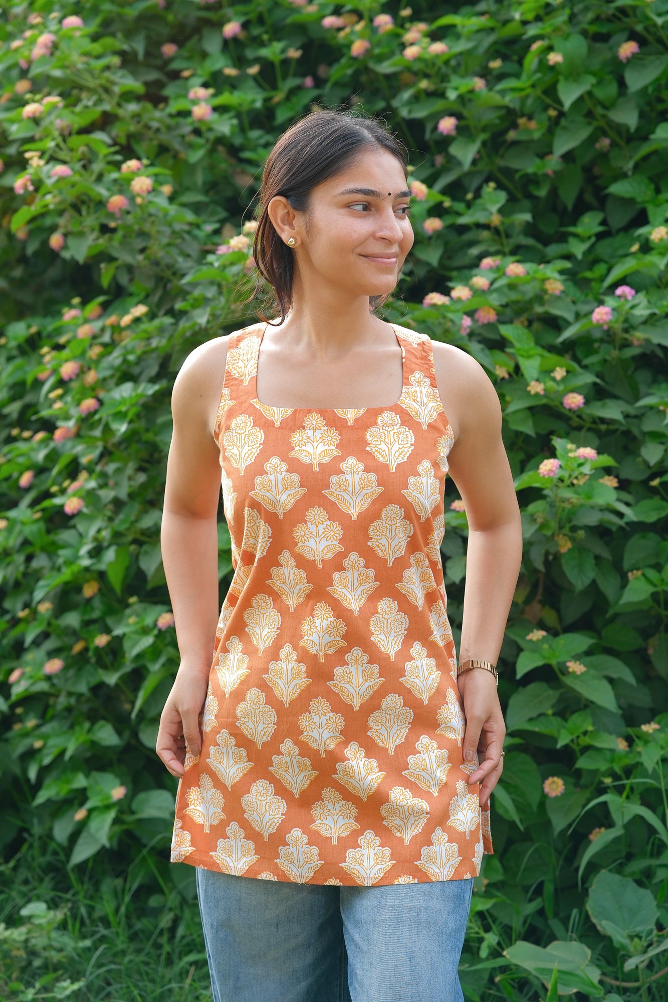 Floral Printed Open Back Sleeveless Kurti (Mustard)