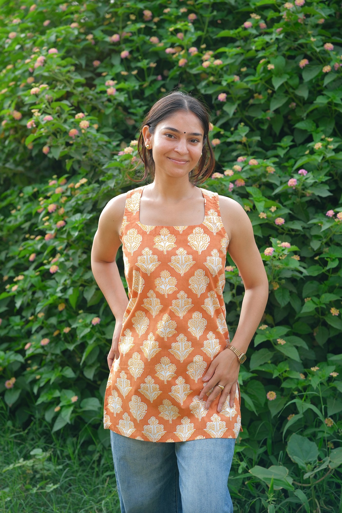 Floral Printed Open Back Sleeveless Kurti (Mustard)