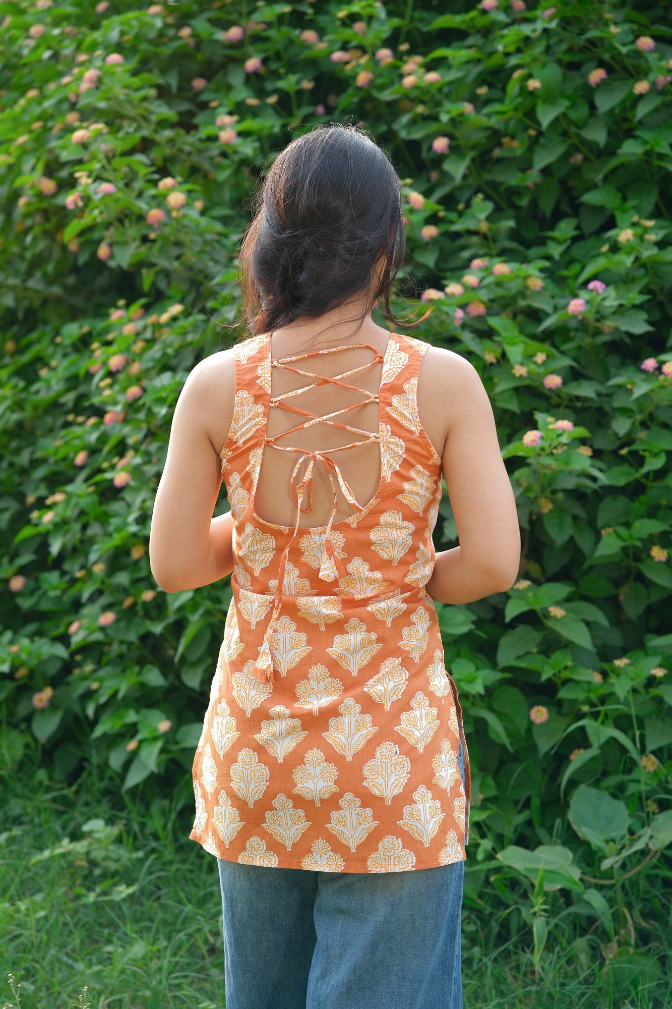 Floral Printed Open Back Sleeveless Kurti (Mustard)